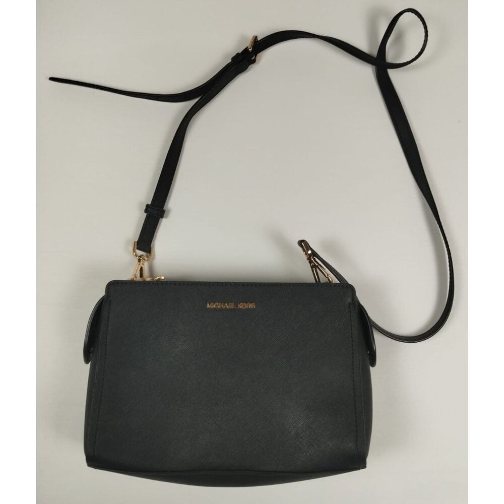 Michael Kors Women Black Saffiano Leather Crossbody Bag Gold Hardware Medium
